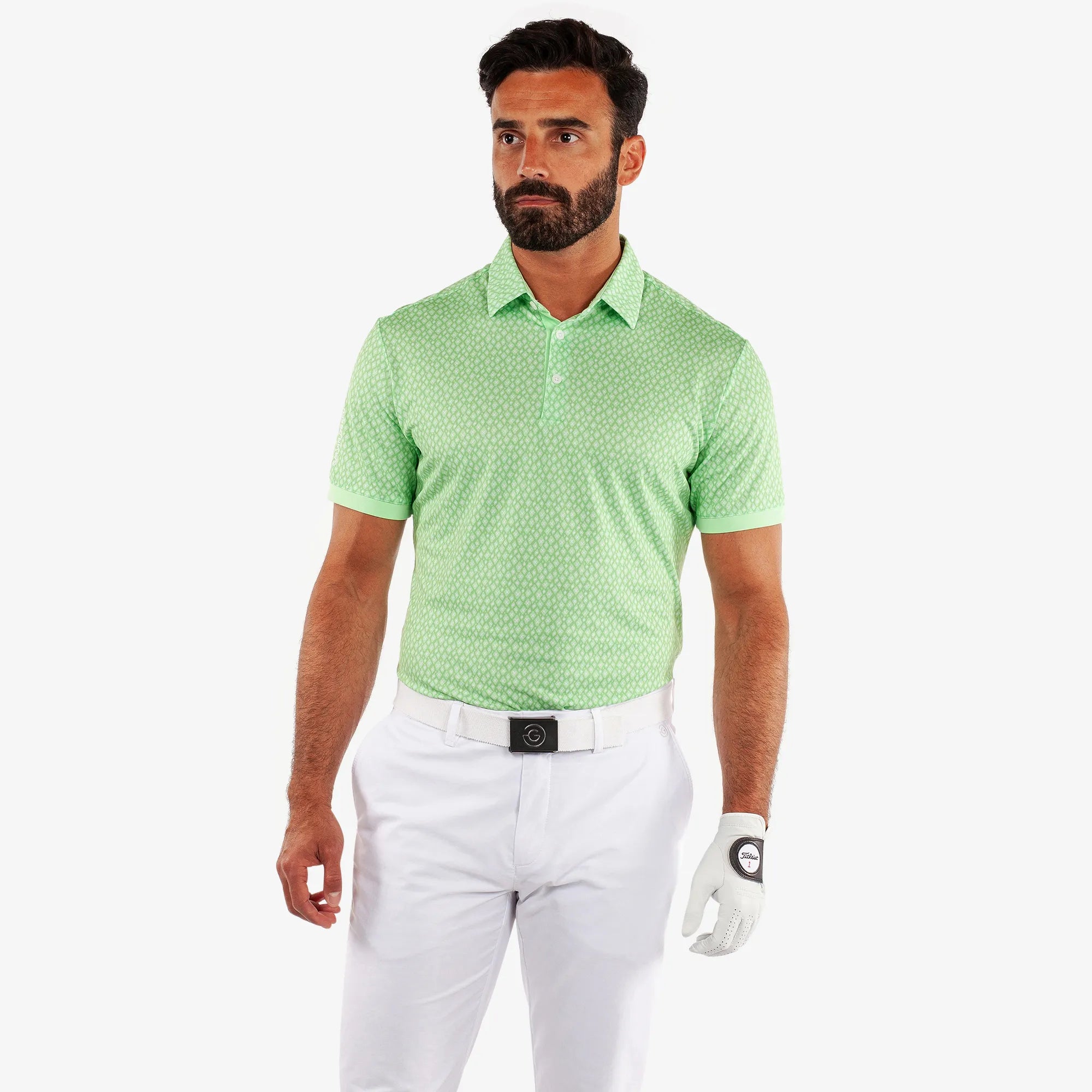 Manuel is a Breathable short sleeve golf shirt for Men in the color Fresh Green/White(1)