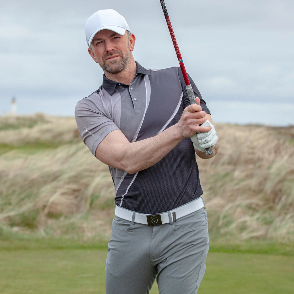 Mico is a Breathable short sleeve golf shirt for Men in the color Sharkskin/Forged Iron/Black(7)