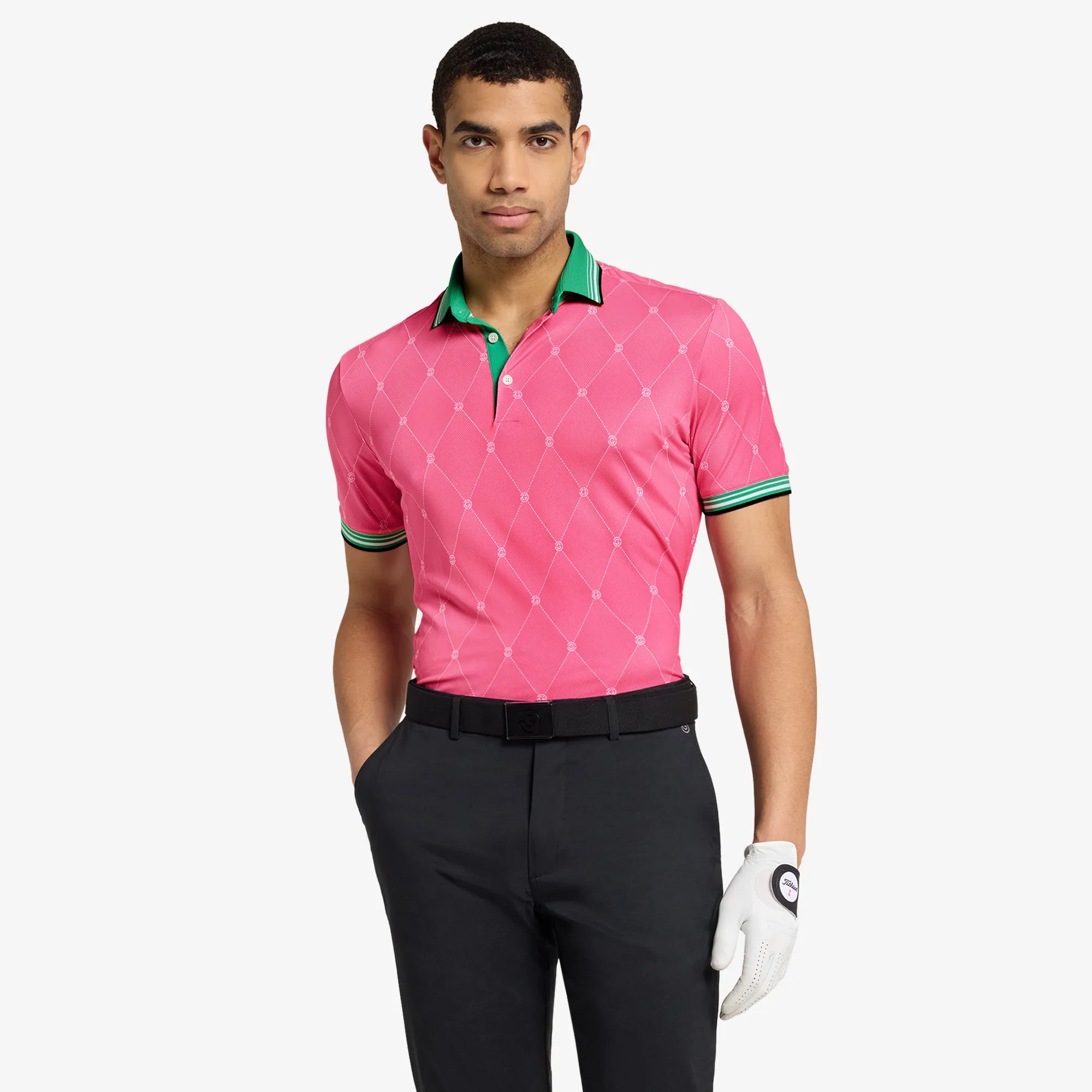 Miguel is a Breathable short sleeve golf shirt for Men in the color Pink/Golf Green(1)