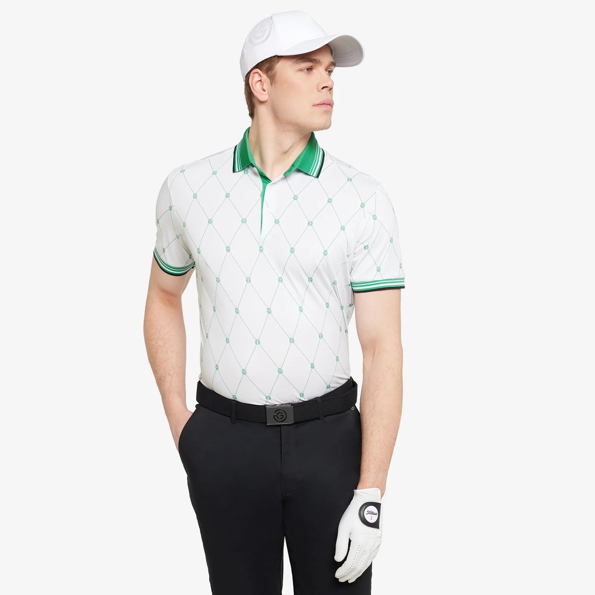 Miguel is a Breathable short sleeve golf shirt for Men in the color White/Golf Green(1)