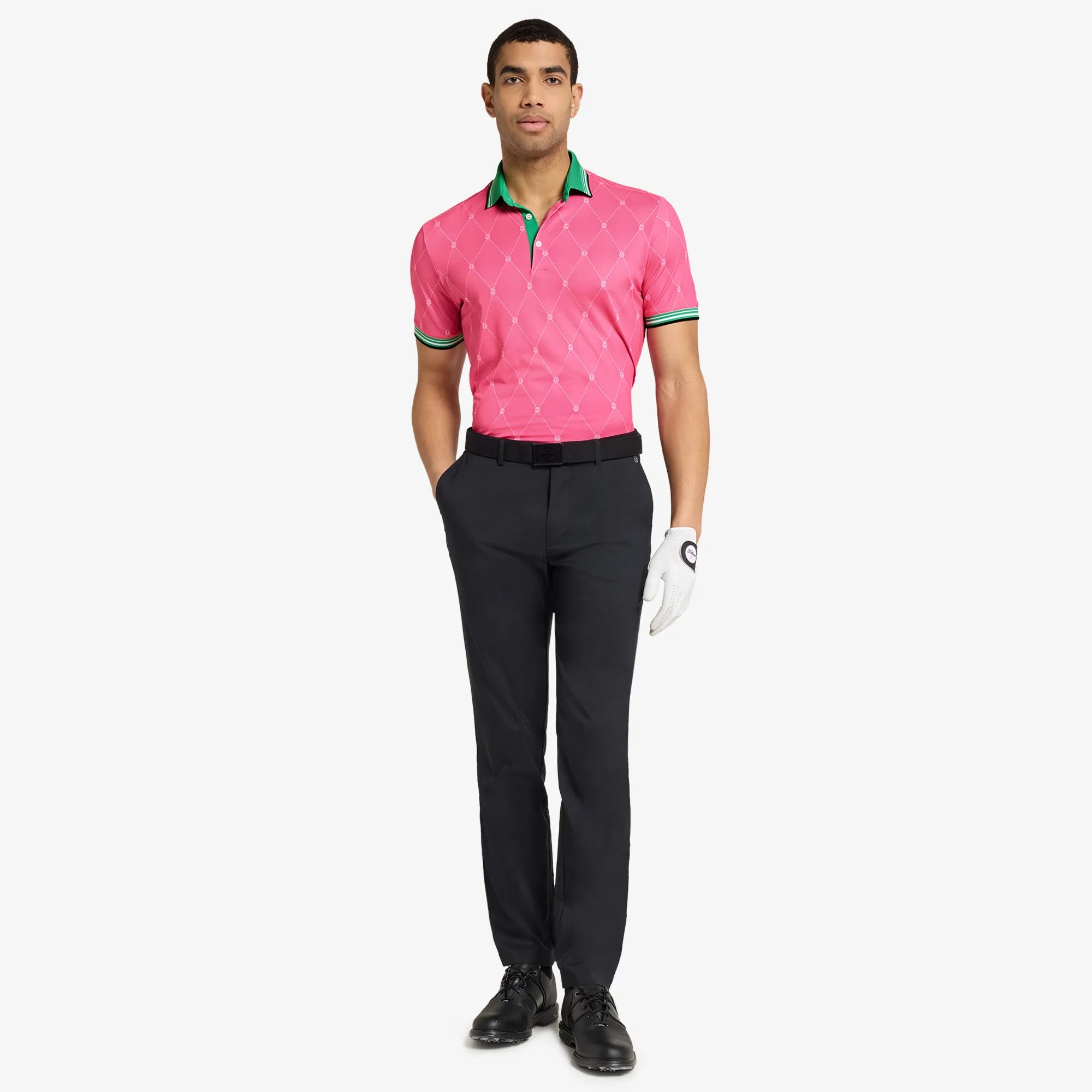 Miguel is a Breathable short sleeve golf shirt for Men in the color Pink/Golf Green(2)