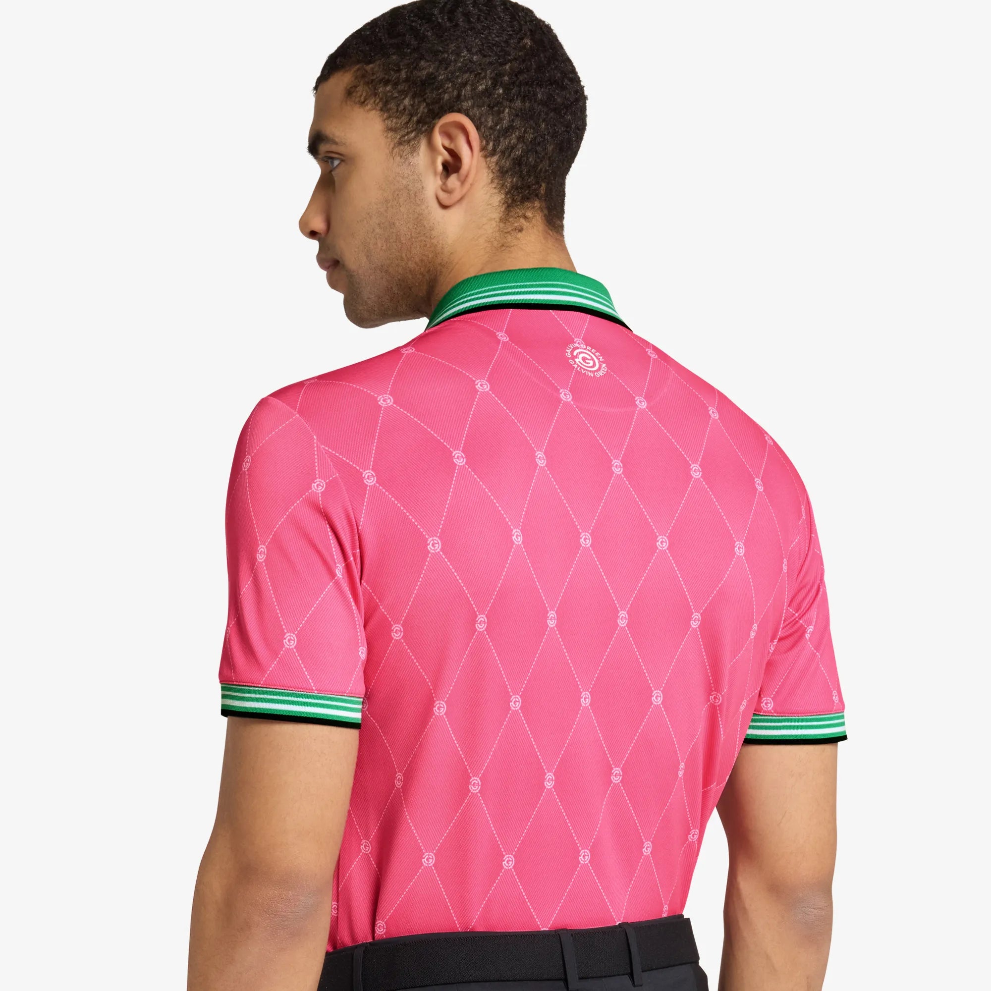 Miguel is a Breathable short sleeve golf shirt for Men in the color Pink/Golf Green(5)