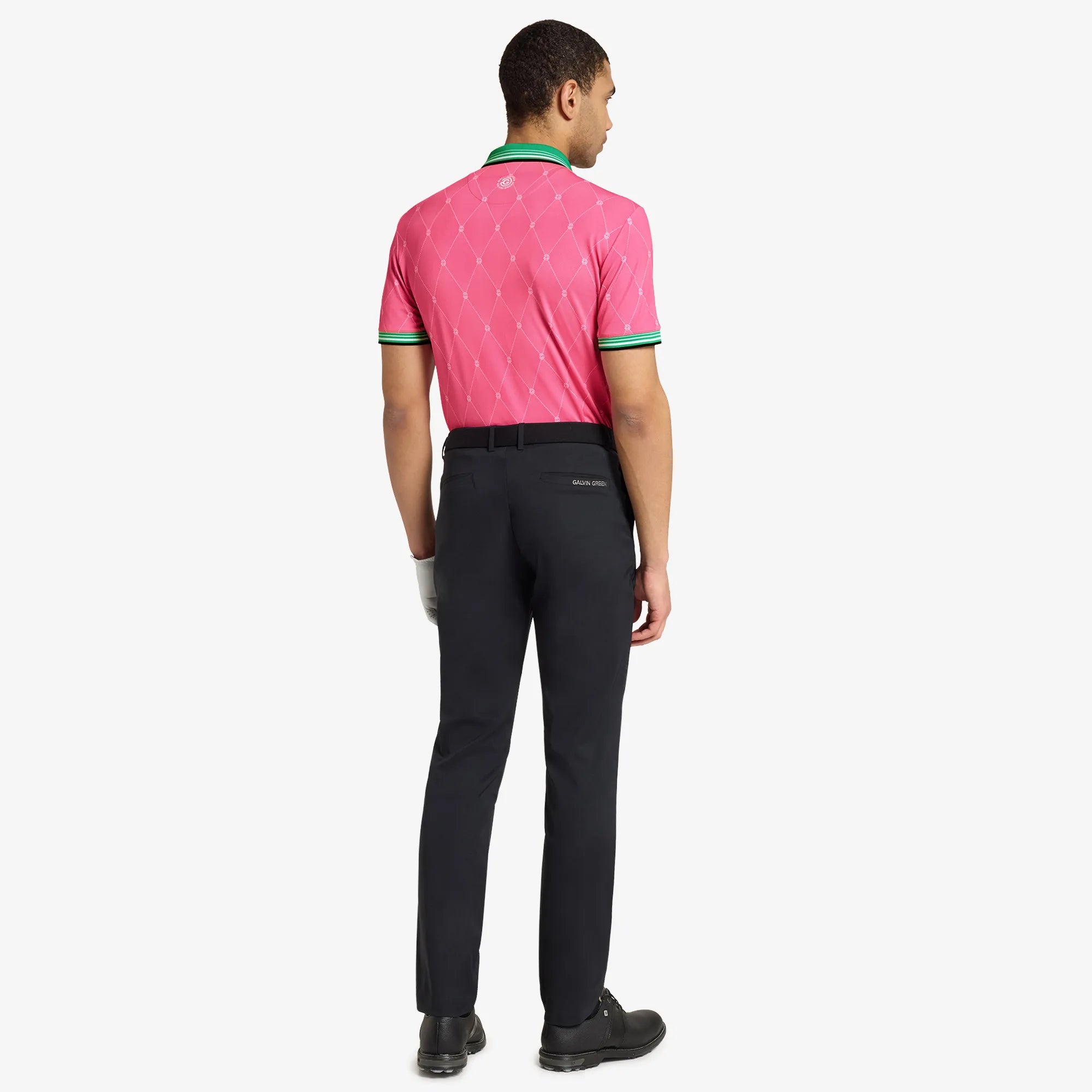 Miguel is a Breathable short sleeve golf shirt for Men in the color Pink/Golf Green(6)