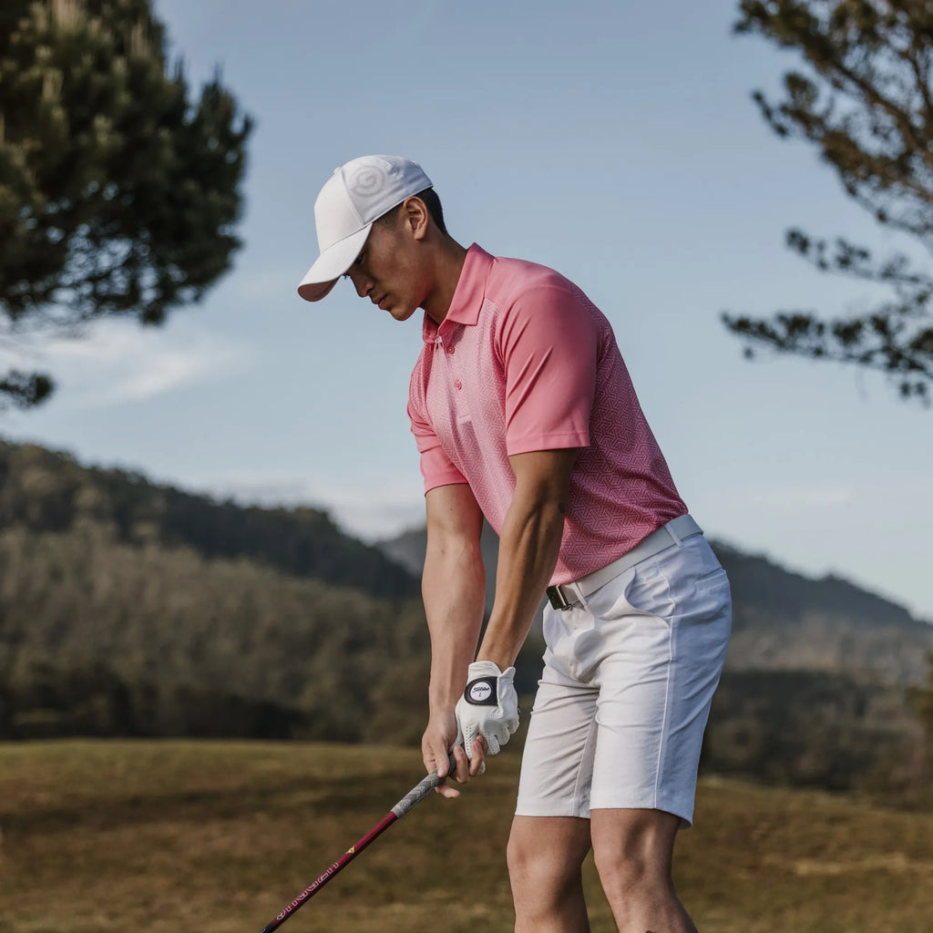 Mile is a Breathable short sleeve golf shirt for Men in the color Camelia Rose/White(8)