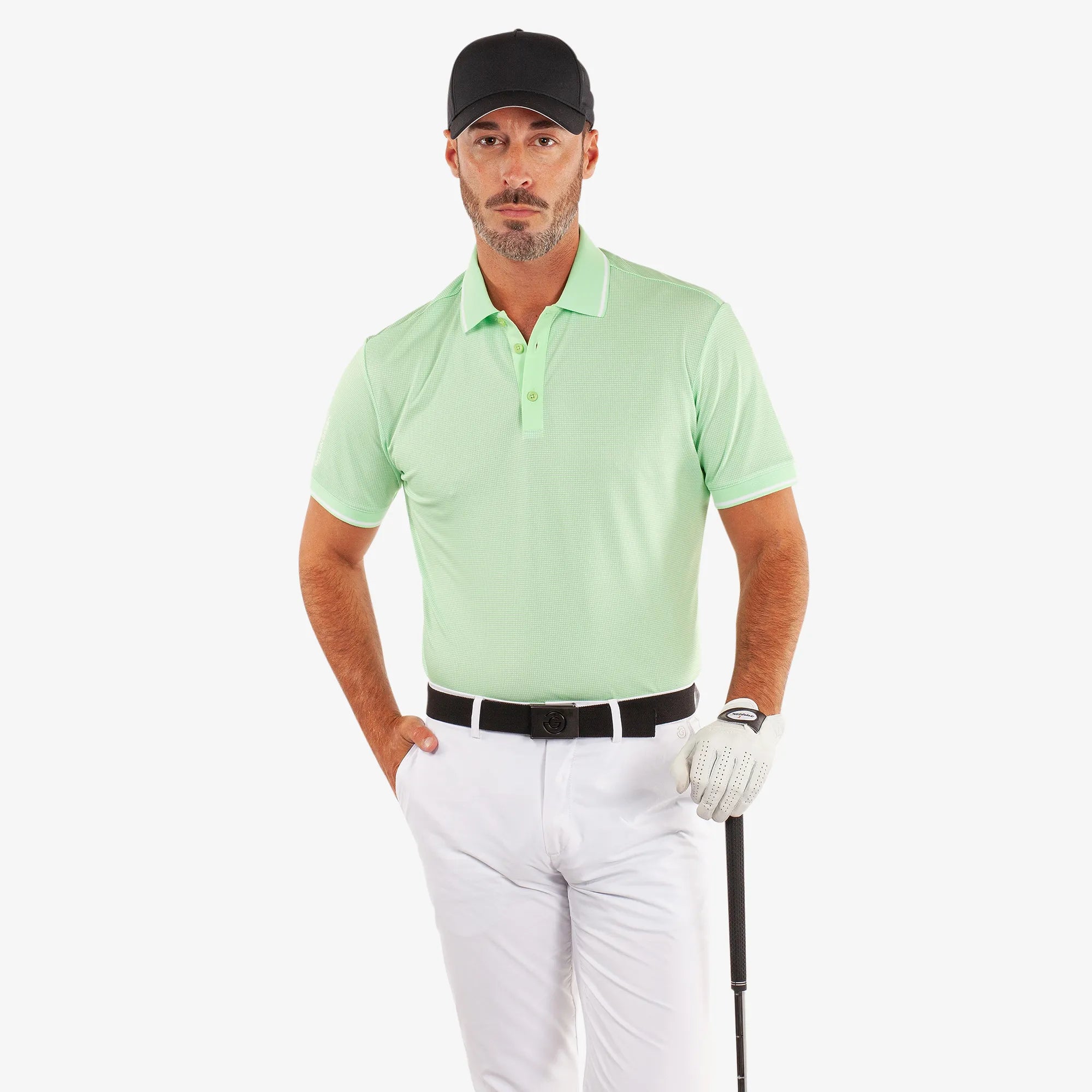 Miller is a Breathable short sleeve golf shirt for Men in the color White/Fresh Green(1)