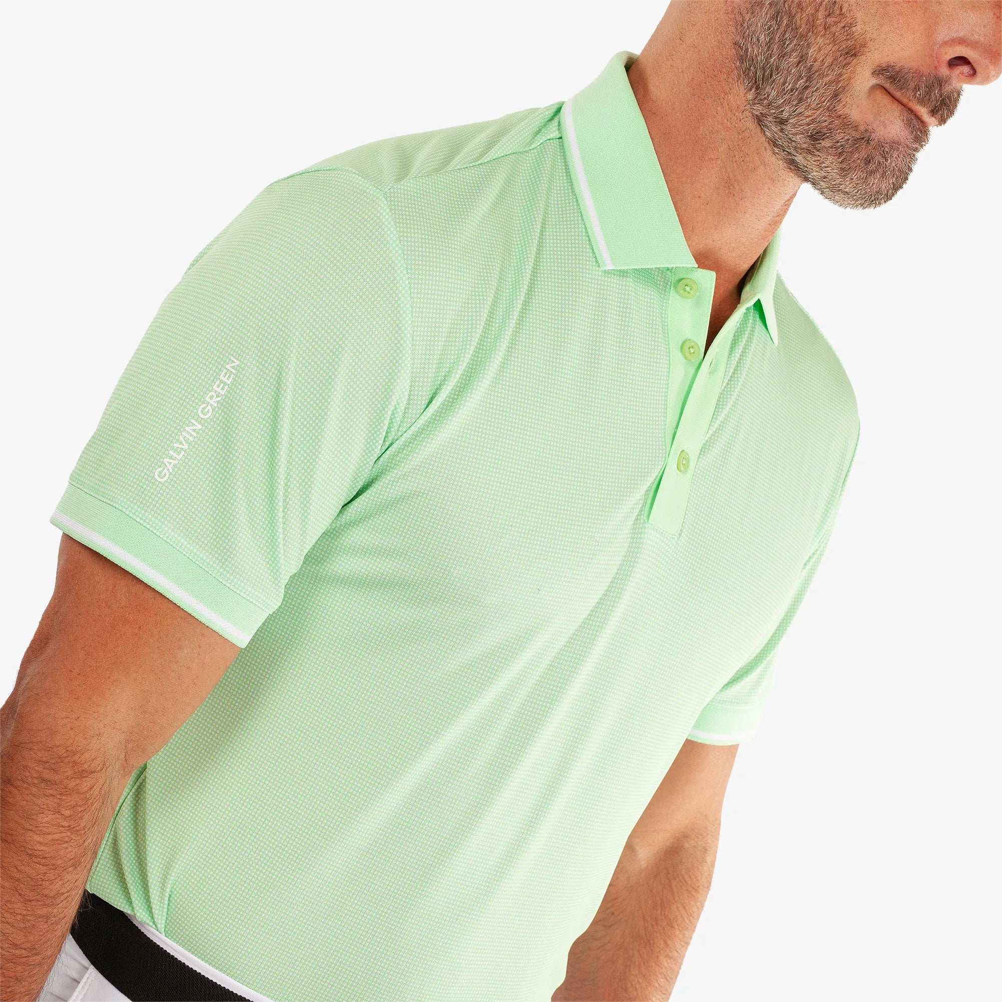 Miller is a Breathable short sleeve golf shirt for Men in the color White/Fresh Green(3)