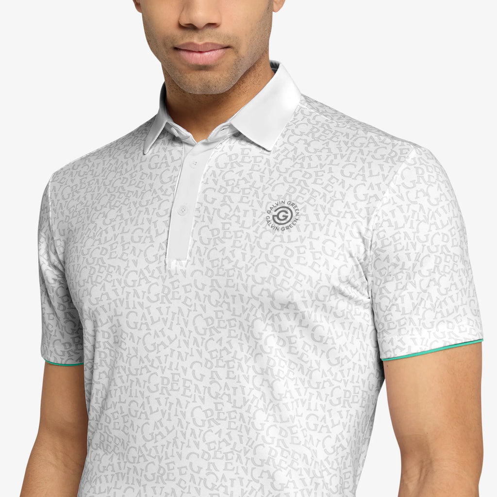 Milton is a Breathable short sleeve golf shirt for Men in the color White/Golf Green(3)
