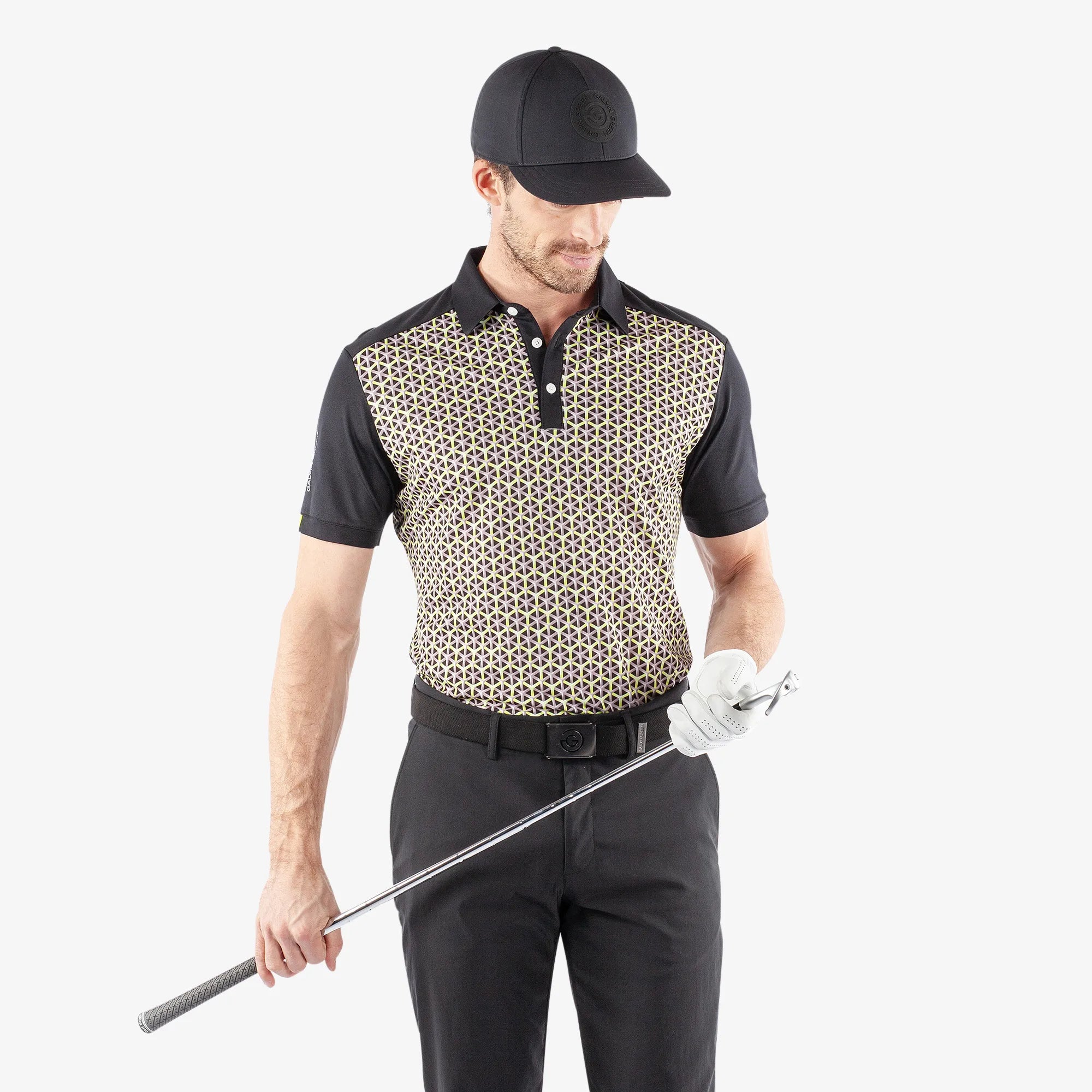 Mio is a Breathable short sleeve golf shirt for Men in the color Sunny Lime/Black(1)