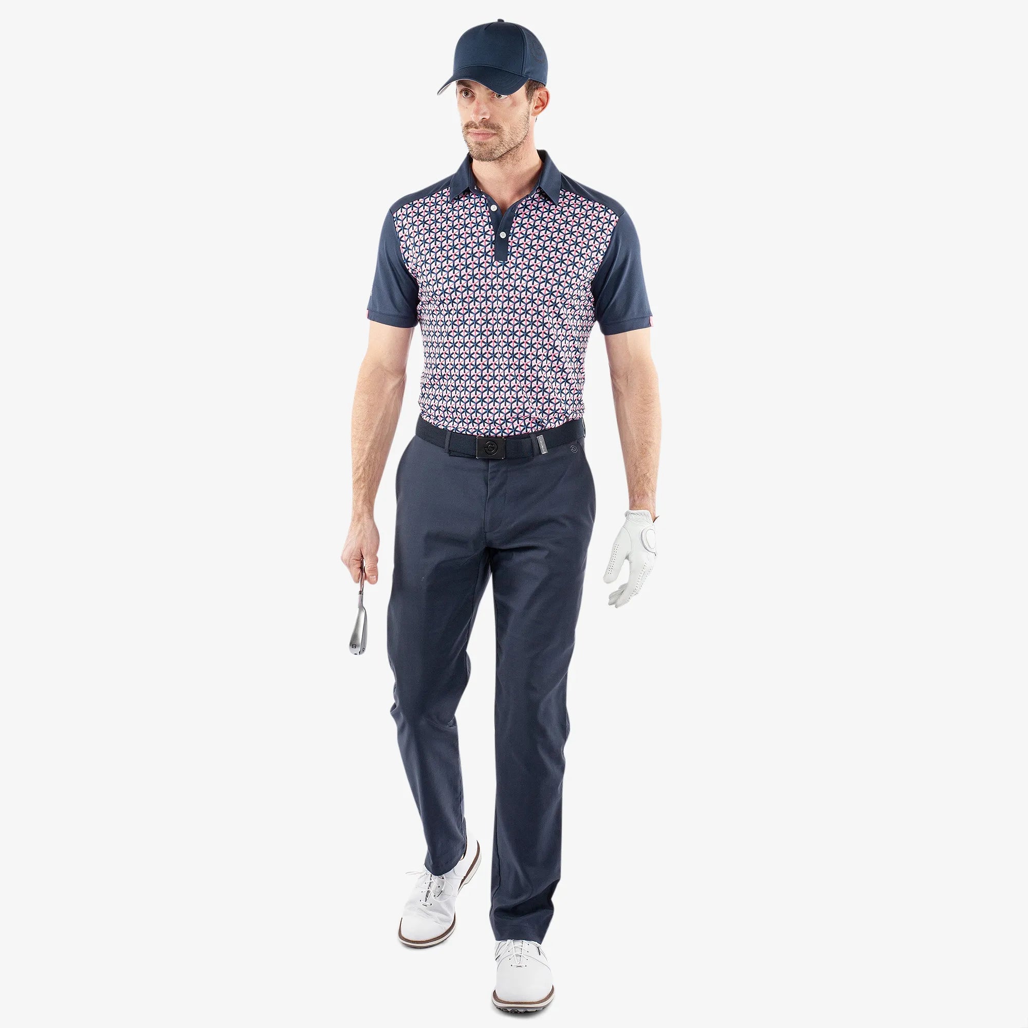 Mio is a Breathable short sleeve golf shirt for Men in the color Camelia Rose/Navy(2)