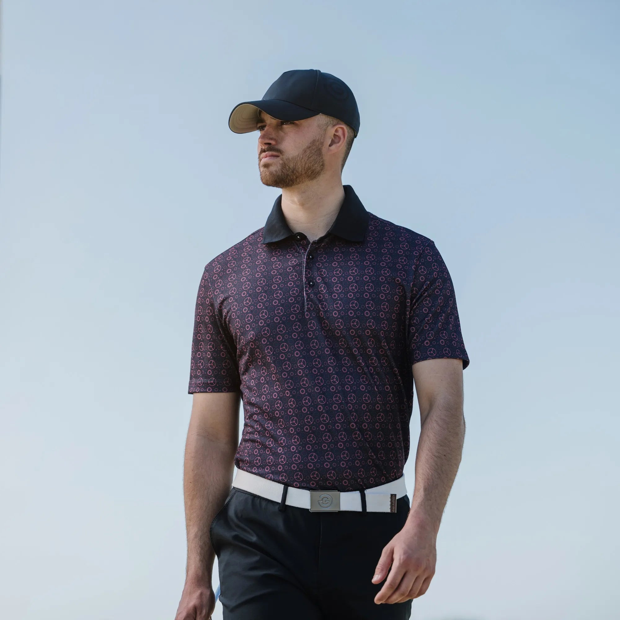 Miracle is a Breathable short sleeve golf shirt for Men in the color Camelia Rose/Navy(8)