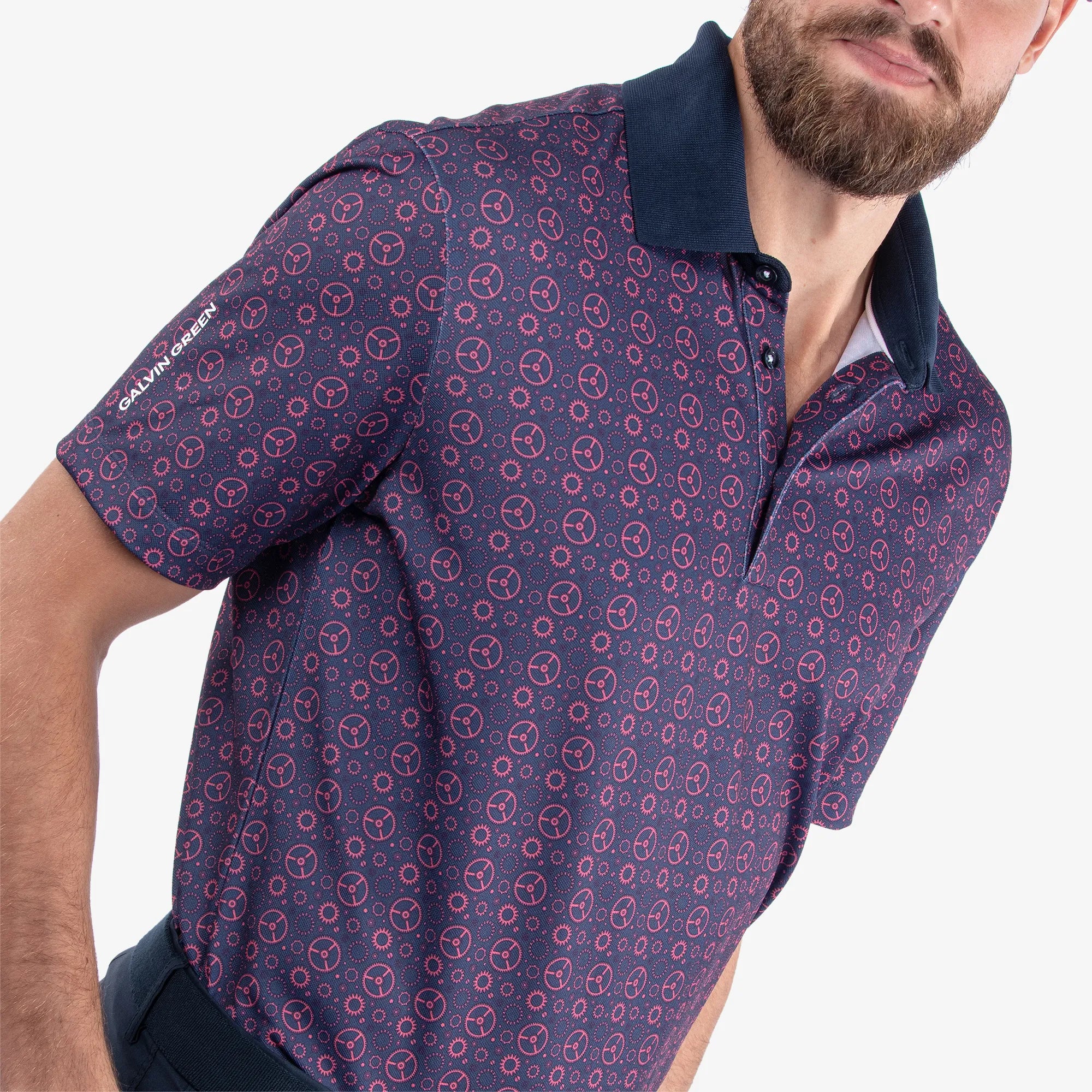 Miracle is a Breathable short sleeve golf shirt for Men in the color Camelia Rose/Navy(3)