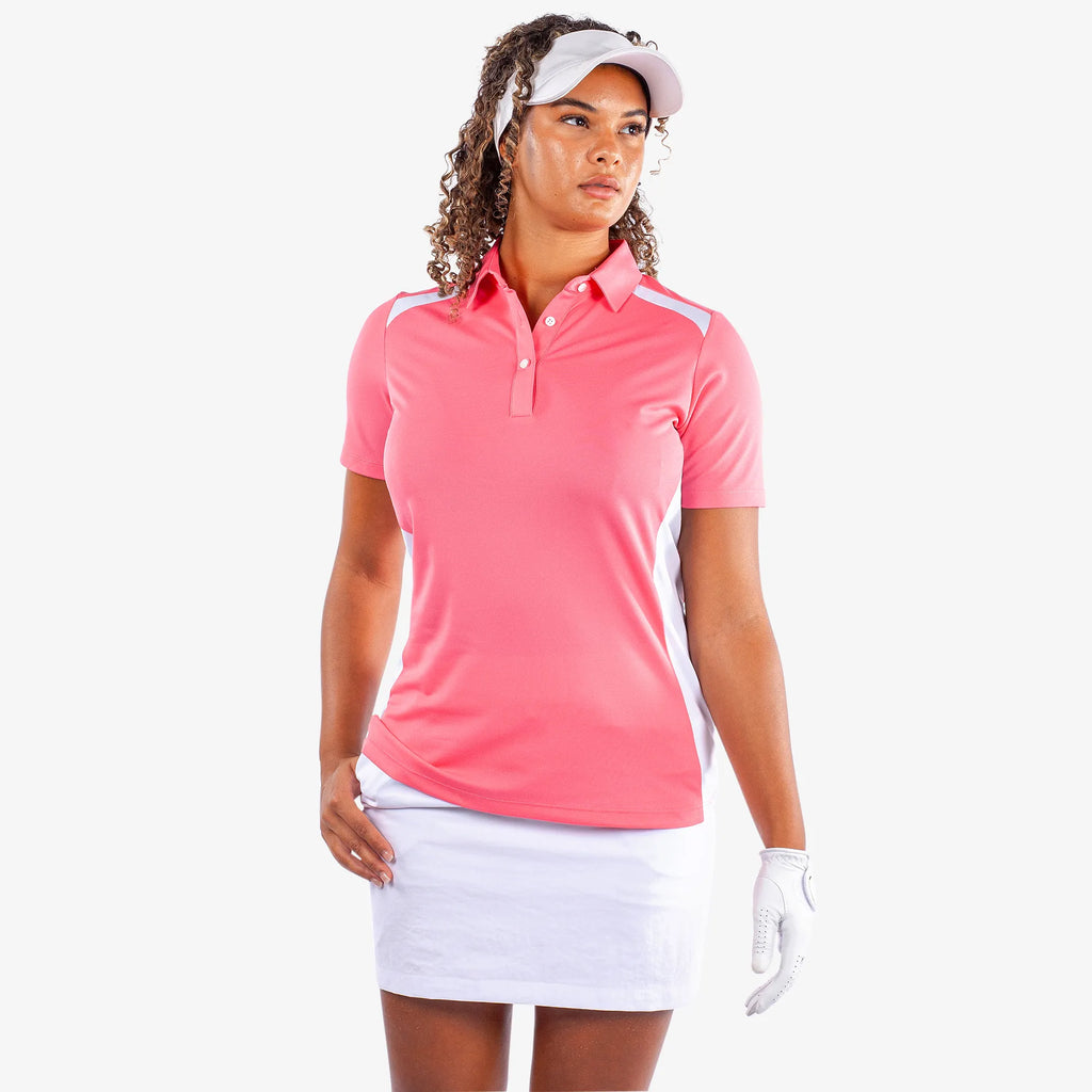 Mirelle is a Breathable short sleeve golf shirt for Women in the color Camelia Rose/White(1)