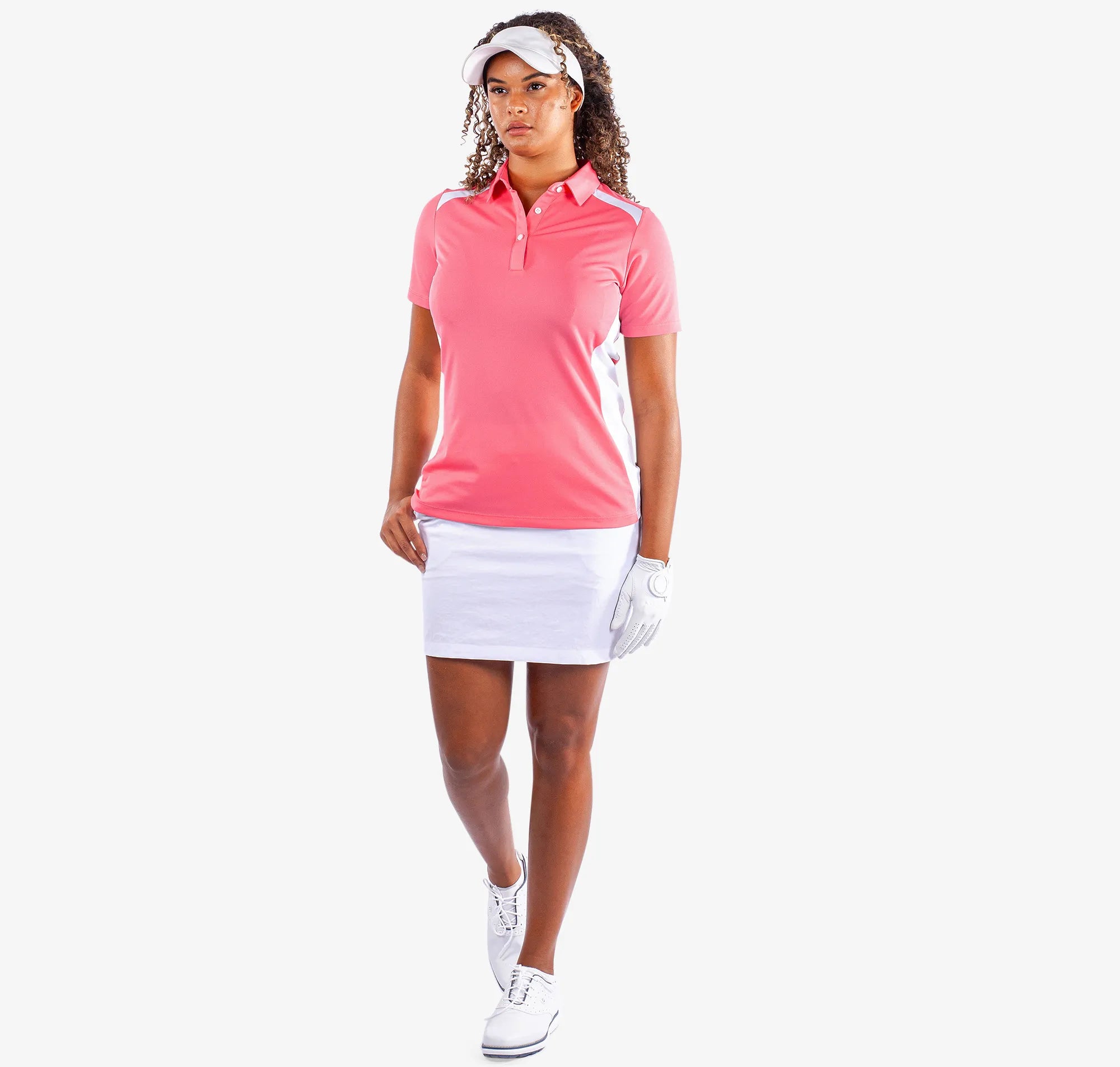 Mirelle is a Breathable short sleeve golf shirt for Women in the color Camelia Rose/White(2)