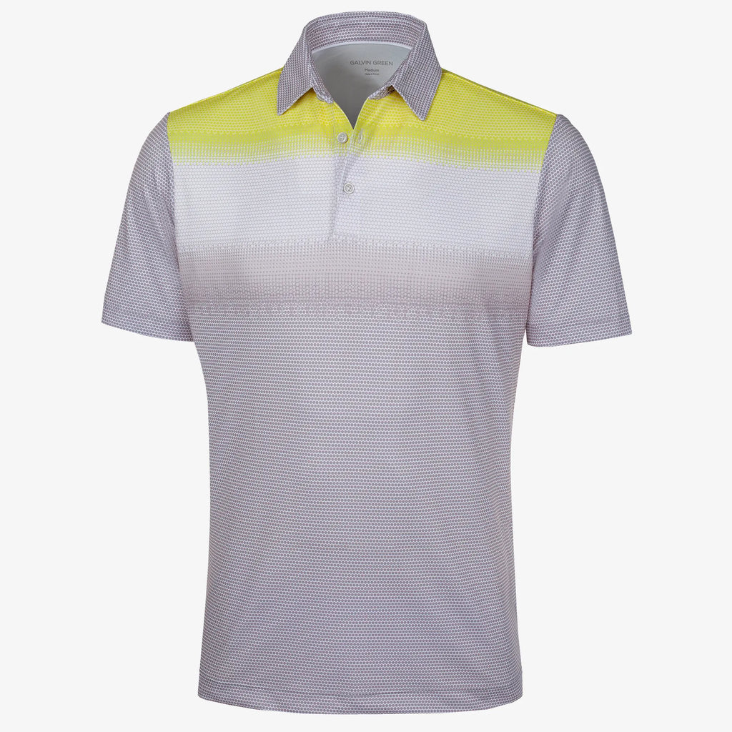Mirca is a Breathable short sleeve golf shirt for Men in the color Cool Grey/White/Sunny Lime(0)