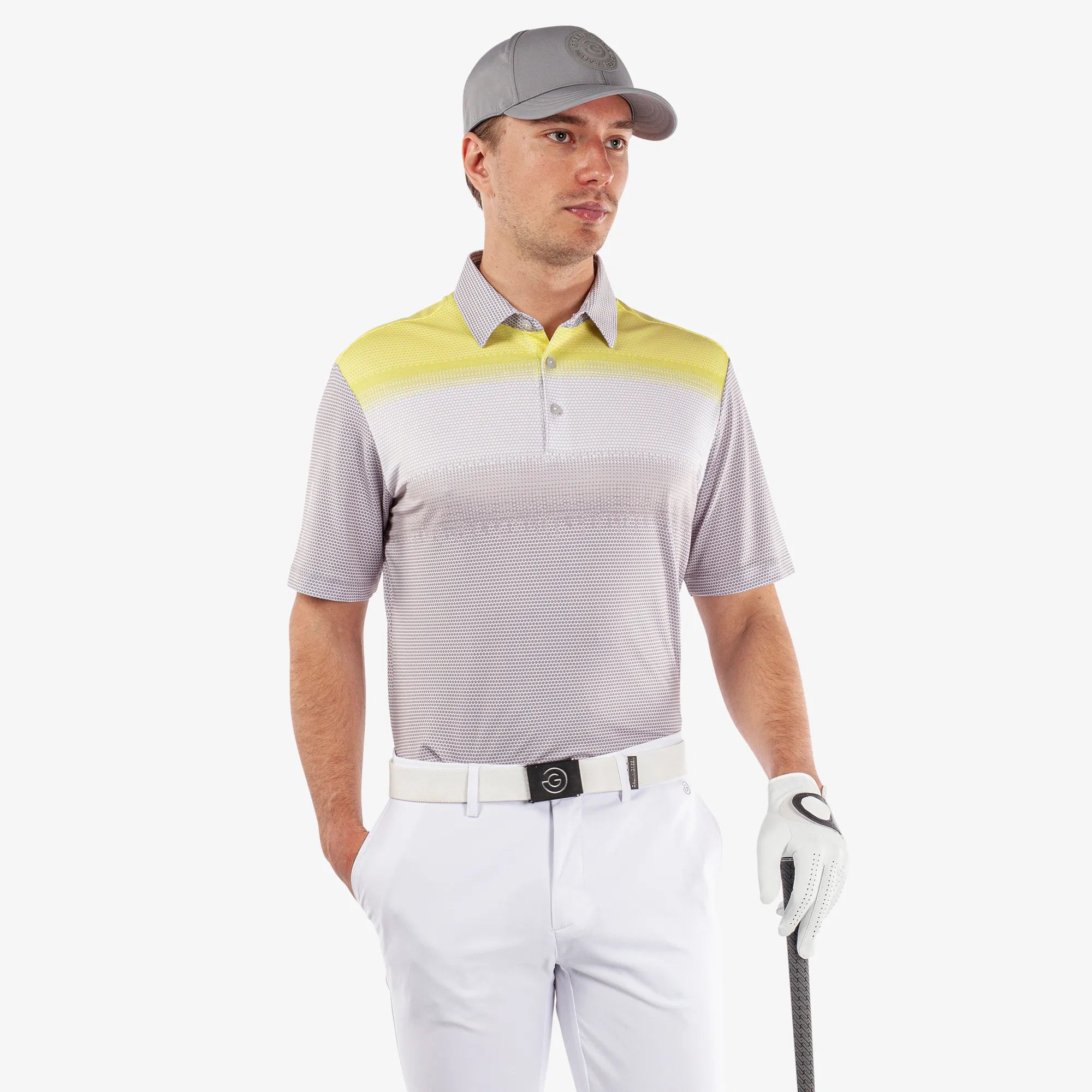 Mirca is a Breathable short sleeve golf shirt for Men in the color Cool Grey/White/Sunny Lime(1)
