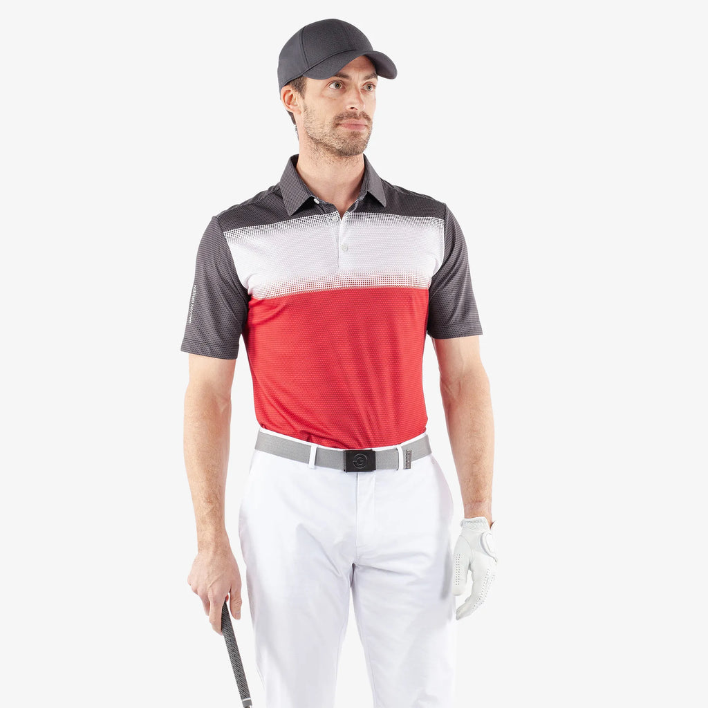 Mirca is a Breathable short sleeve golf shirt for Men in the color Red/White/Black(1)