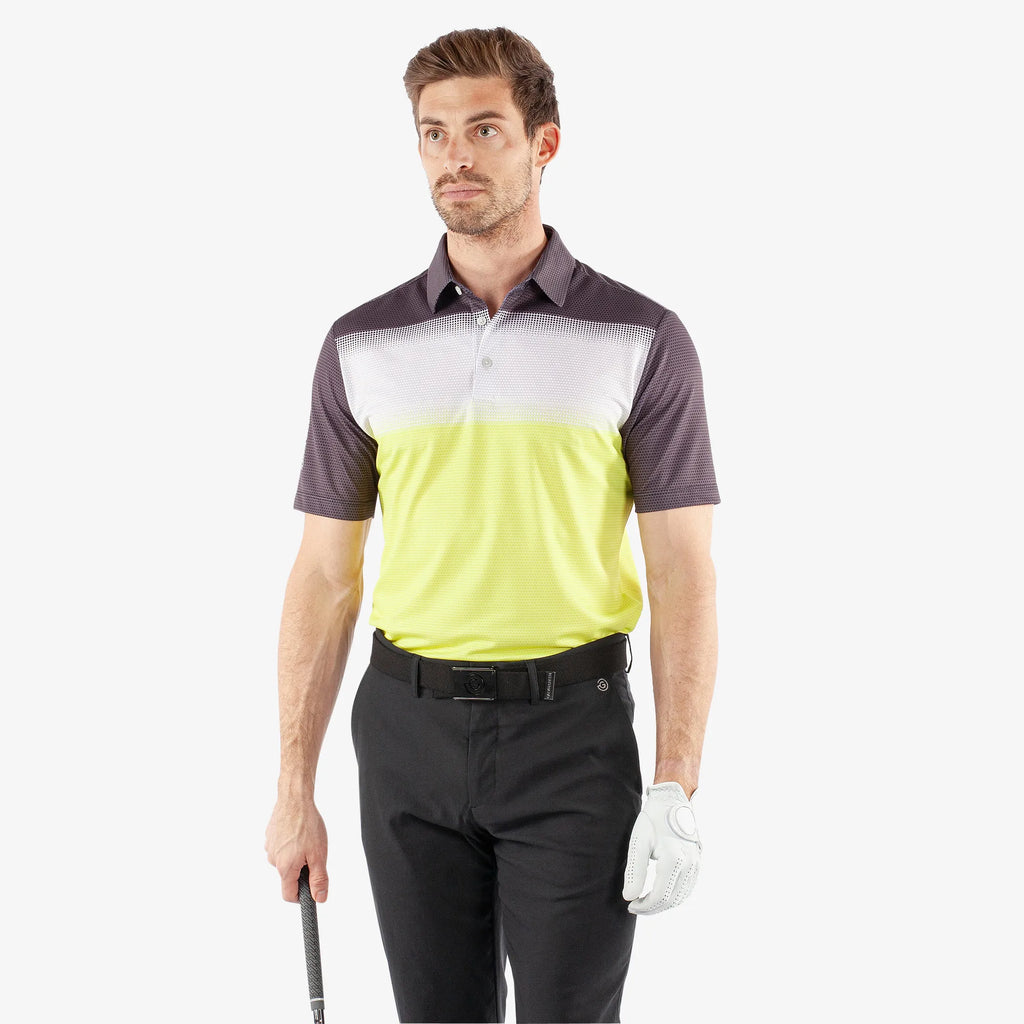 Mirca is a Breathable short sleeve golf shirt for Men in the color Sunny Lime/White/Bla(1)