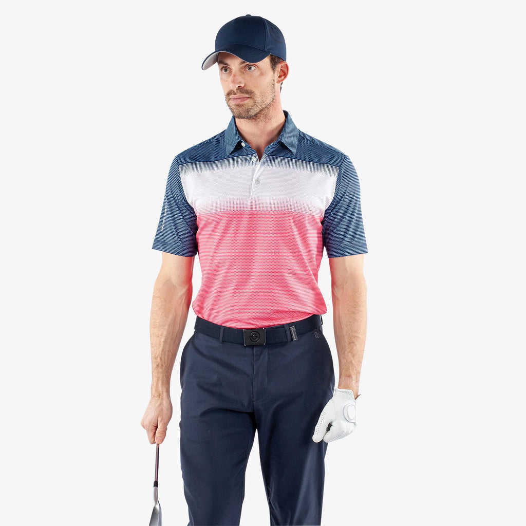 Mirca is a Breathable short sleeve golf shirt for Men in the color Camelia Rose/White/N(1)