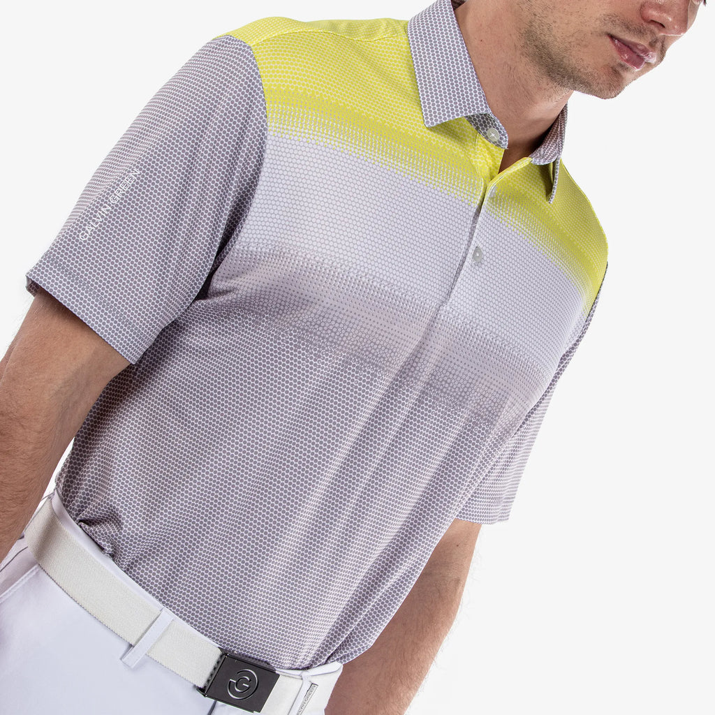 Mirca is a Breathable short sleeve golf shirt for Men in the color Cool Grey/White/Sunny Lime(3)