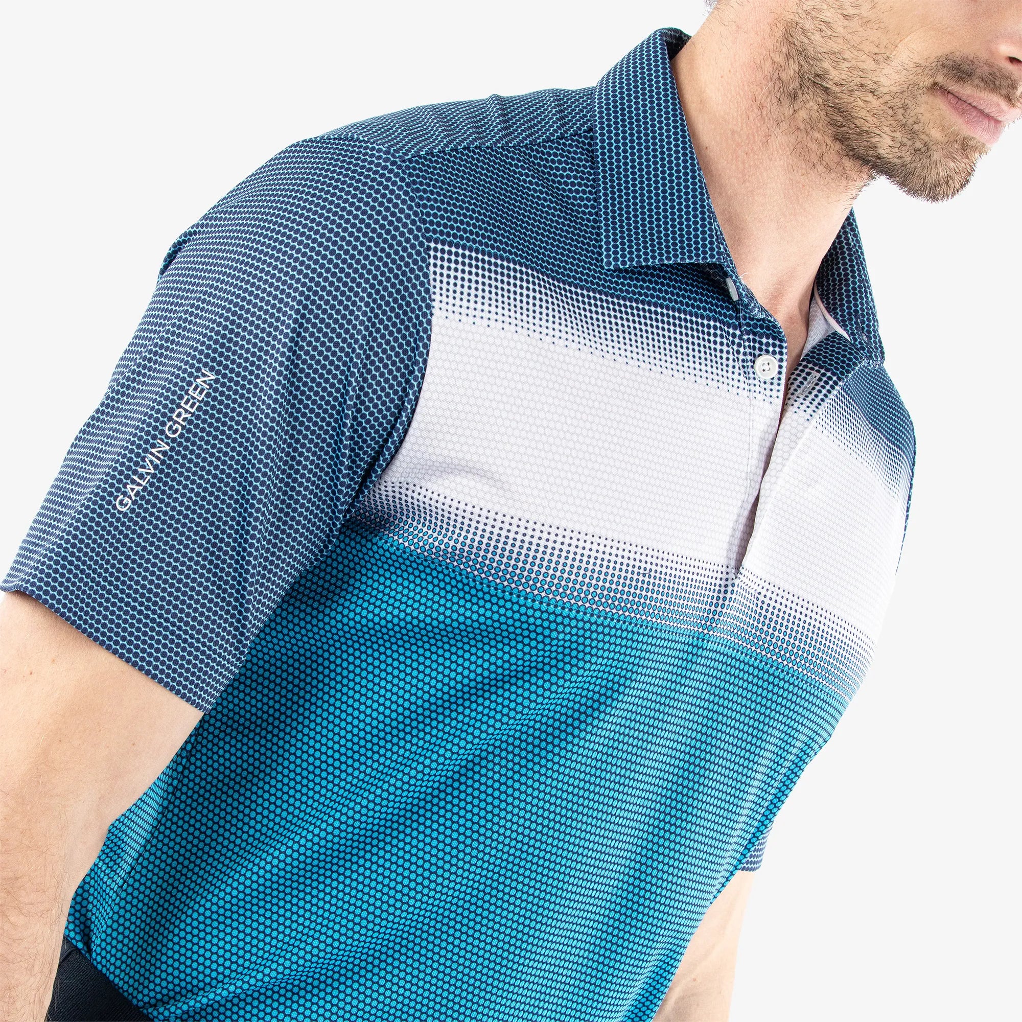 Mirca is a Breathable short sleeve golf shirt for Men in the color Aqua/White/Navy(3)