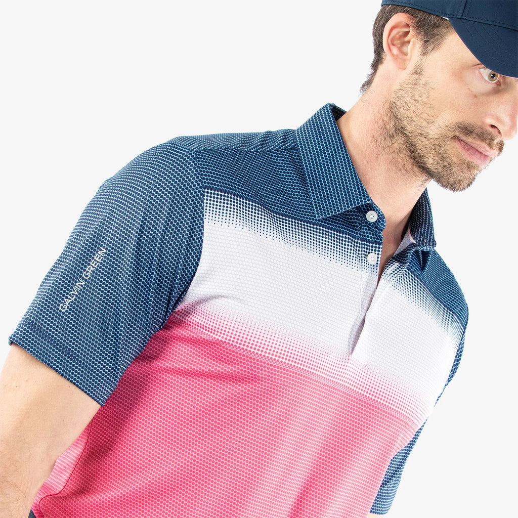 Mirca is a Breathable short sleeve golf shirt for Men in the color Camelia Rose/White/N(3)
