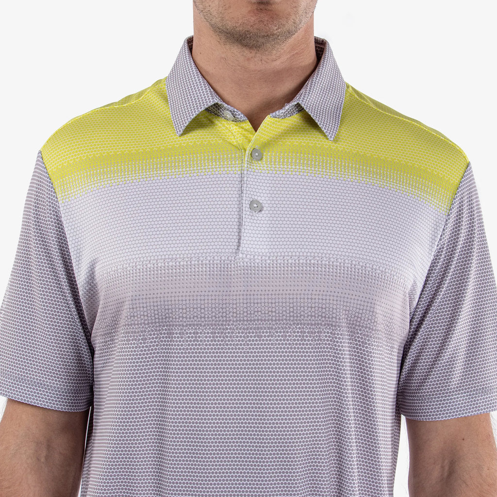 Mirca is a Breathable short sleeve golf shirt for Men in the color Cool Grey/White/Sunny Lime(4)