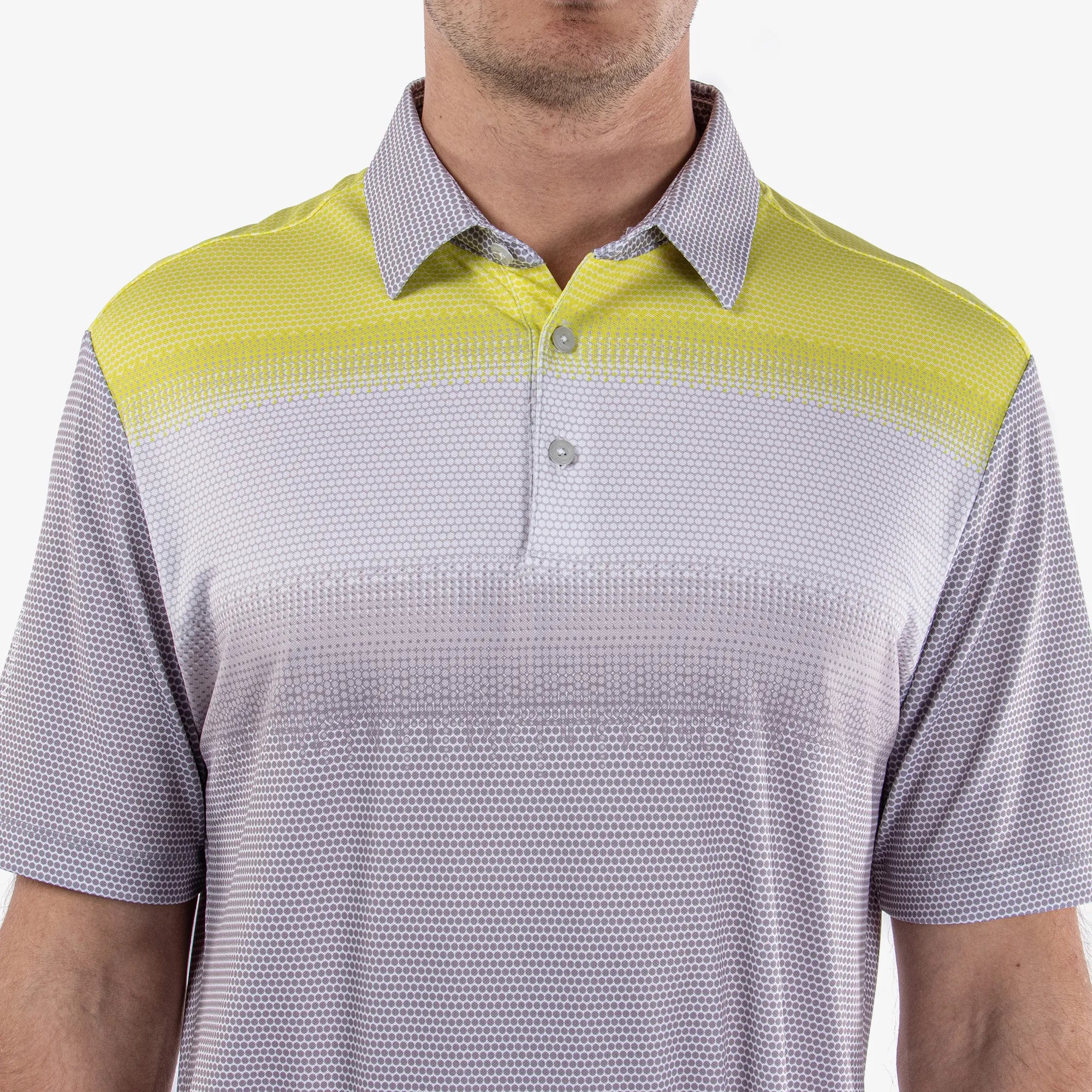 Mirca is a Breathable short sleeve golf shirt for Men in the color Cool Grey/White/Sunny Lime(4)