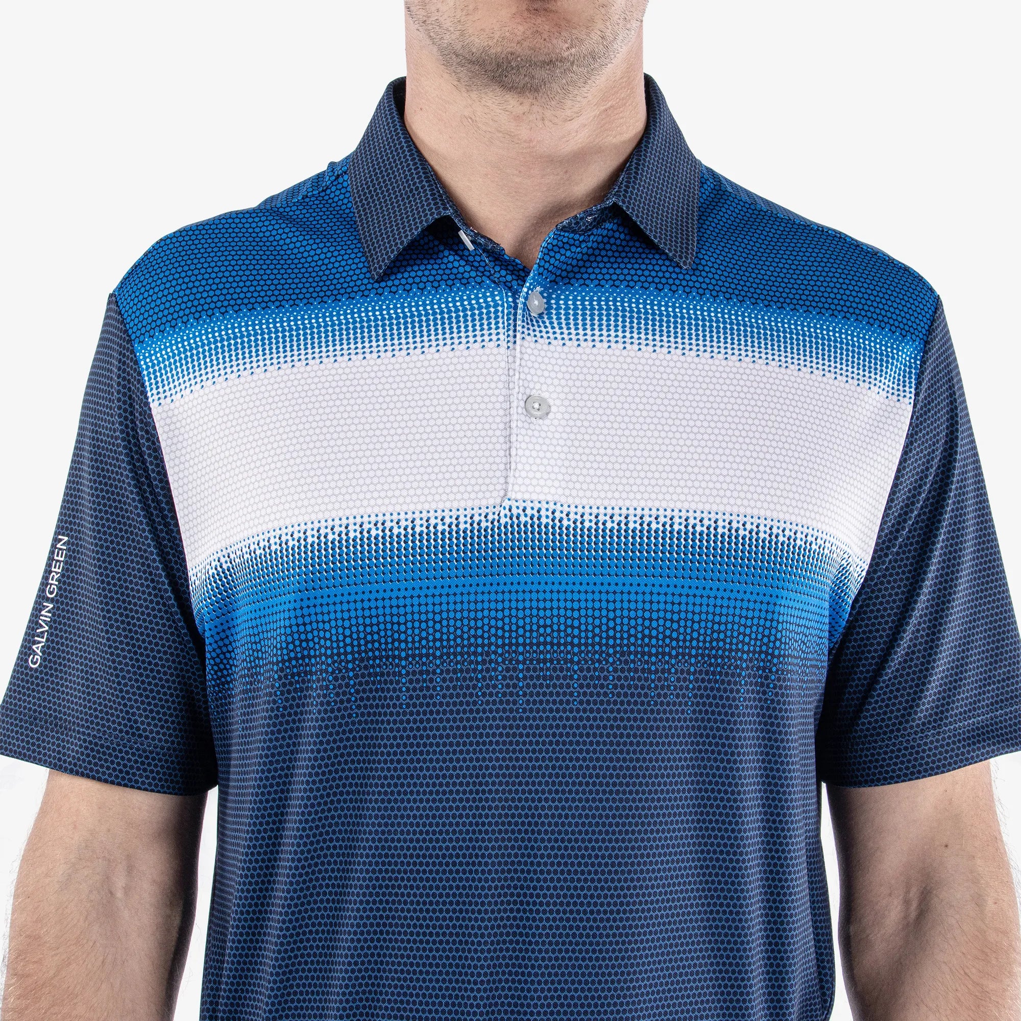 Mirca is a Breathable short sleeve golf shirt for Men in the color Navy/White/Blue (4)