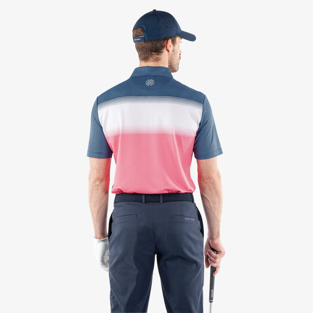 Mirca is a Breathable short sleeve golf shirt for Men in the color Camelia Rose/White/N(4)