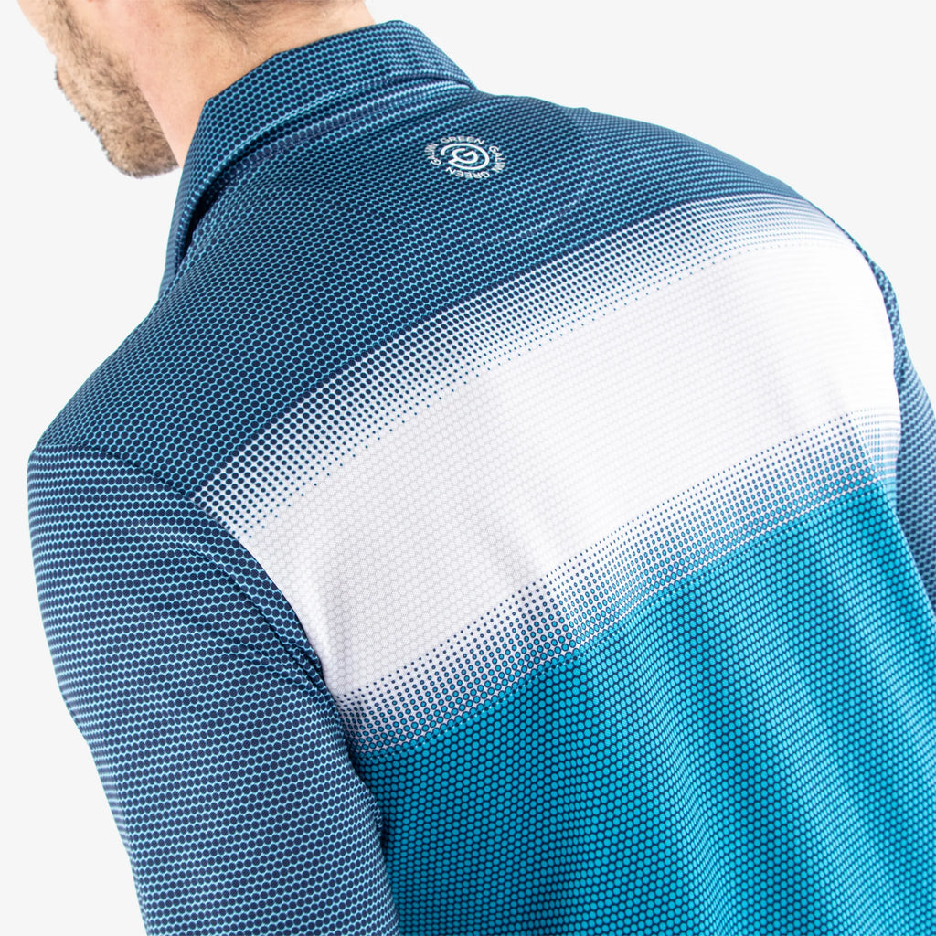 Mirca is a Breathable short sleeve golf shirt for Men in the color Aqua/White/Navy(5)