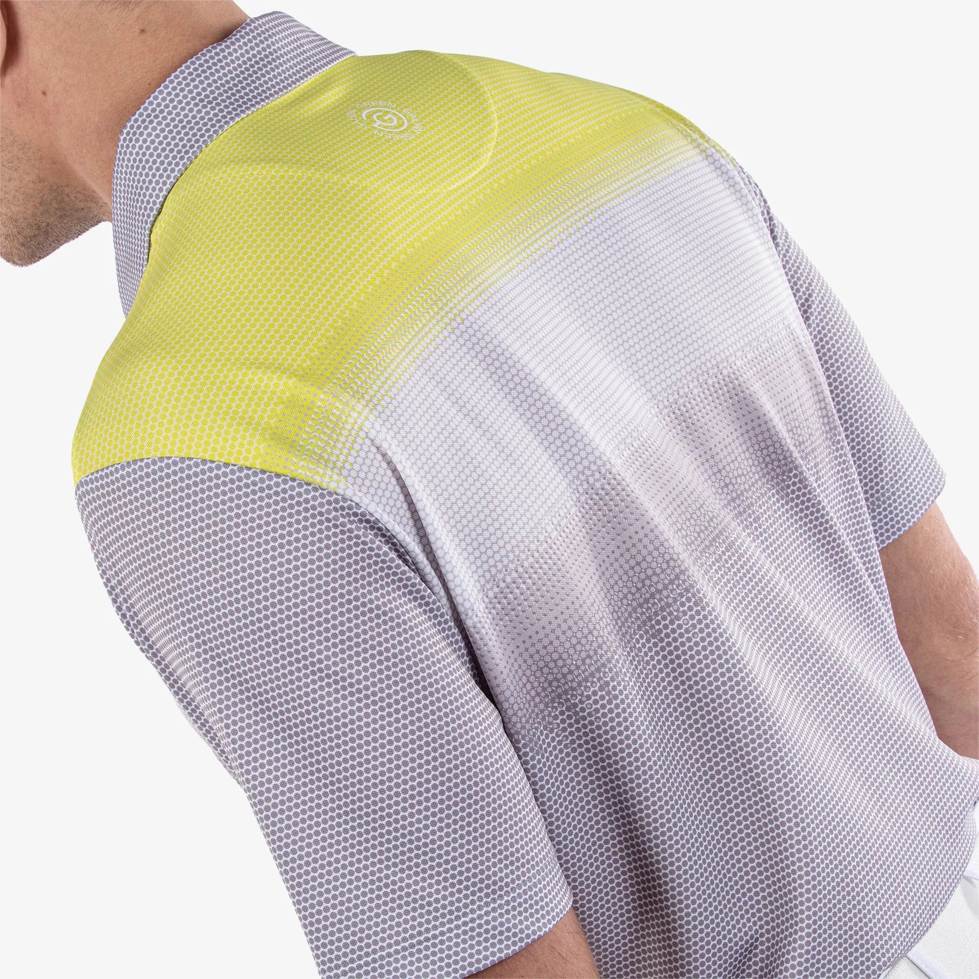 Mirca is a Breathable short sleeve golf shirt for Men in the color Cool Grey/White/Sunny Lime(6)