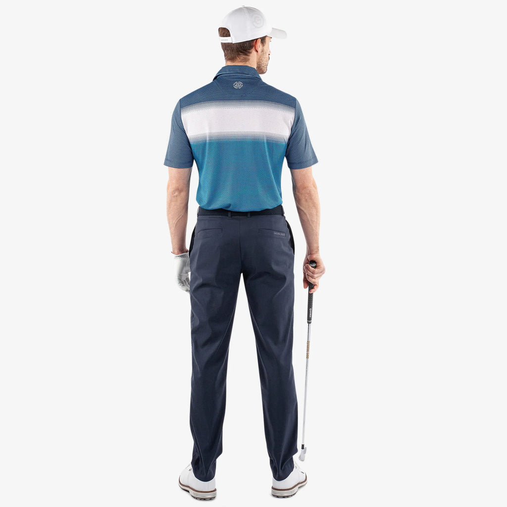 Mirca is a Breathable short sleeve golf shirt for Men in the color Aqua/White/Navy(6)