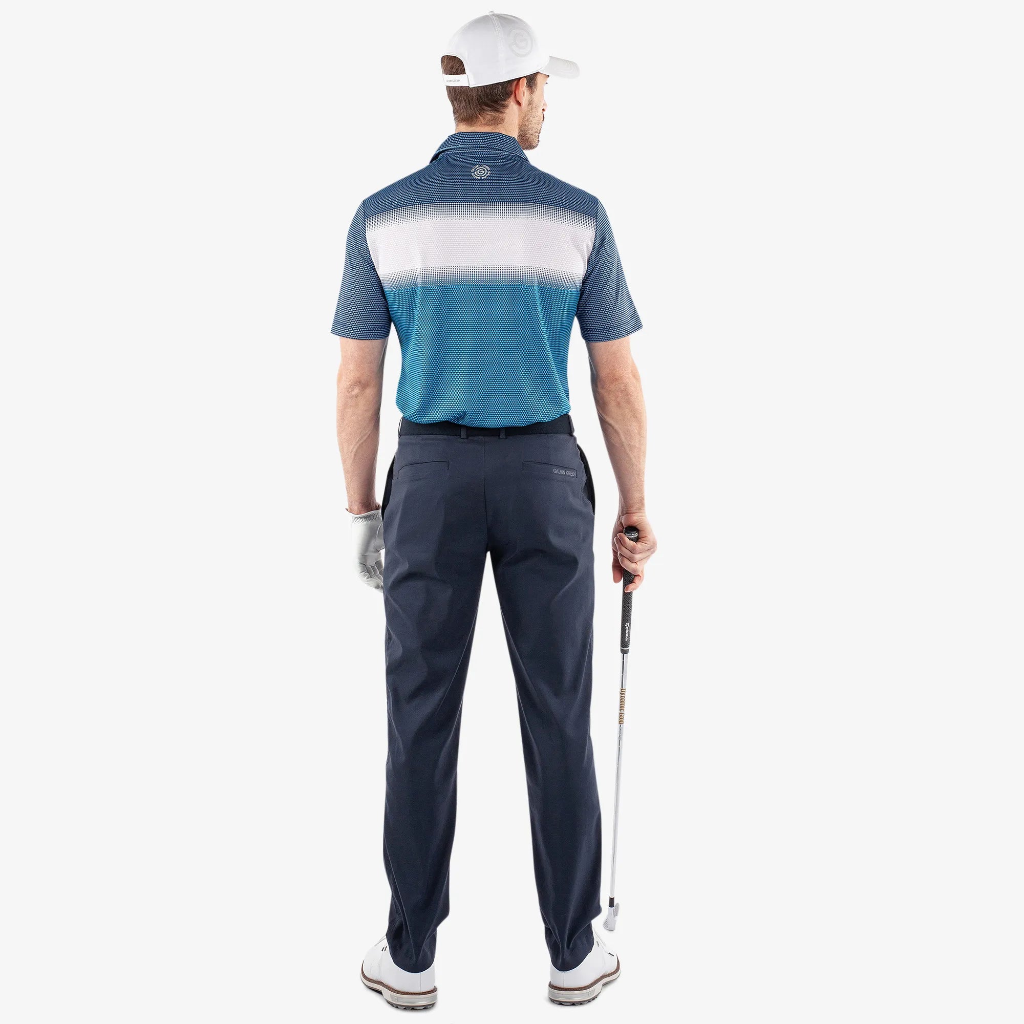 Mirca is a Breathable short sleeve golf shirt for Men in the color Aqua/White/Navy(6)