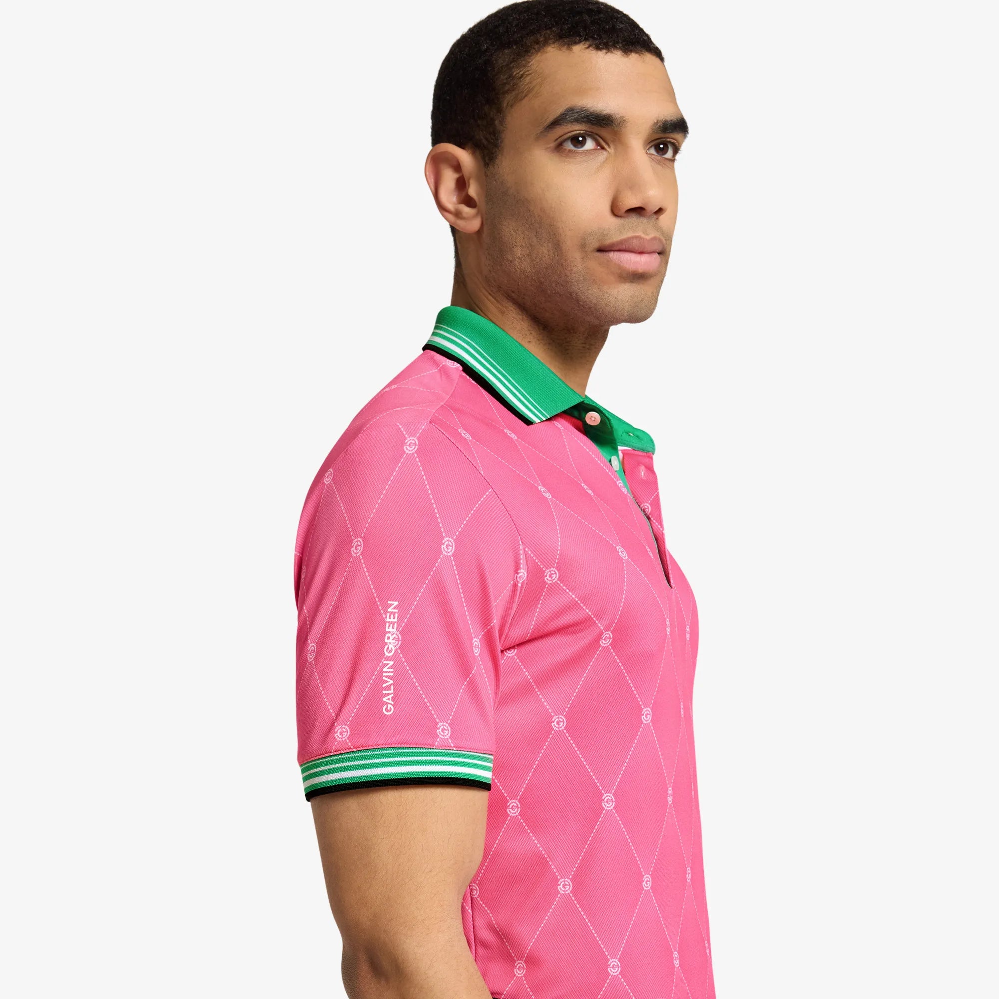Miguel is a Breathable short sleeve golf shirt for Men in the color Pink/Golf Green(3)